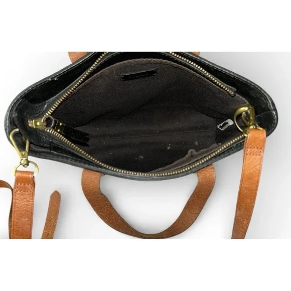 Madewell Black Tan Leather Zip Top Transit Tote Crossbody Top Handle Bag - Picture 6 of 10